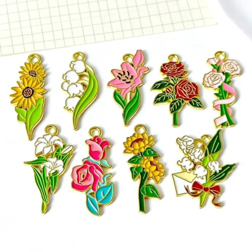 10 unid. pingentes de flores rosa e girassol, DIY em liga metálica para colar, corrente de telemóvel, porta-chaves e mala