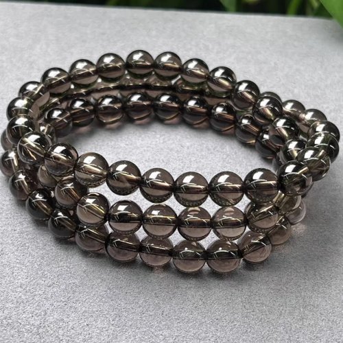 Natural Brown Smoky Quartz Stretch Bracelet, 6mm Beads, Triple Wrap, Unisex, Rare AAA