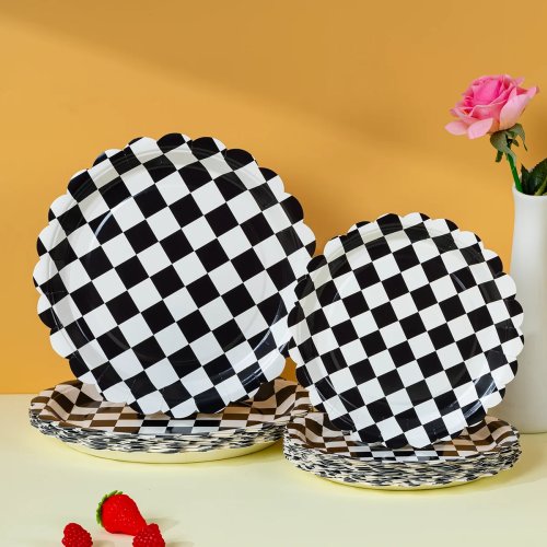 10/25/50 uds Platos de Papel Desechables con Estampado de Tablero de Ajedrez Blanco y Negro, Platos para Fiesta de Cumpleaños