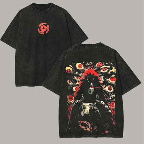 Madara Naruto Sharingan Eyes Vintage Acid Wash T-Shirt Oversized Streetwear Retro Anime Graphic Men's Cotton Tee