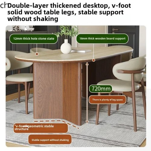 Retro Eettafel van Massief Hout en Sintersteen – Rechthoekige Tafel met 4 of 6 Stoelen