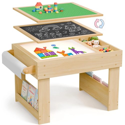 5-in-1 Kids Activity Table | Light Panel, Sand Art, Blackboard, Storage Bookshelf, Sensory Desk for Toddlers 3+ | Natural, Customizable