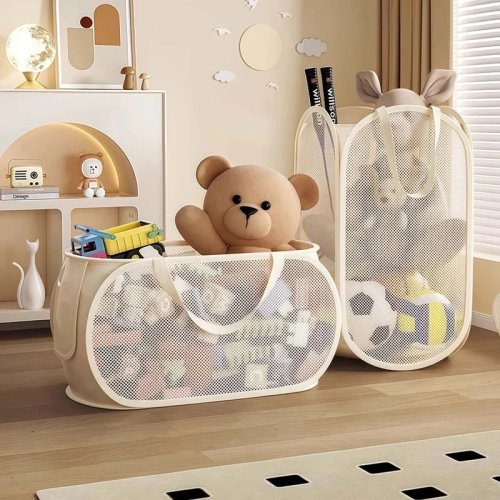 Foldable Mesh Toy Storage Basket, Large Breathable Mesh Laundry Hamper with Handles, Vertical & Horizontal Dual Styles for Kids