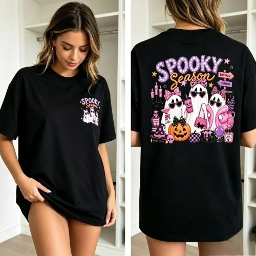 SPOOKY SEASON Ghost Print T-Shirt 100% Cotton Cute Halloween Pumpkin Graphic Tee Y2K Aesthetic Casual Party Tops for Women