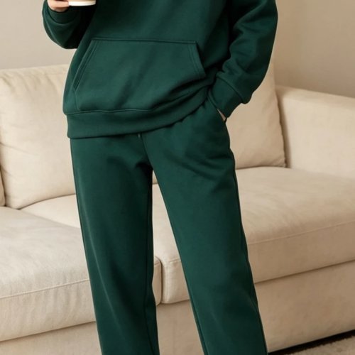 Tuta sportiva casual outdoor da donna, felpa con cappuccio ampia e pantaloni elastici, tinta unita, basic autunno inverno