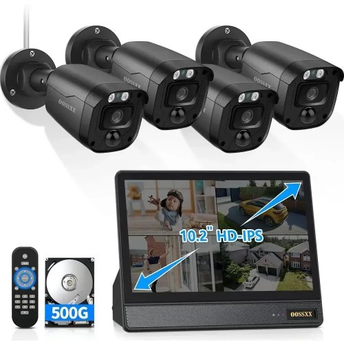 Sistema de câmaras de segurança CCTV com fio 3K 5MP com ultra grande angular de 122°, DVR 4CH com monitor, 4 câmaras IP66 interior/exterior, 20m