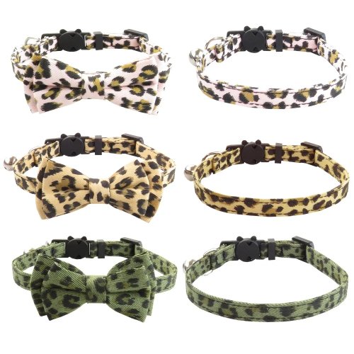 Adjustable Leopard Cat & Puppy Collar with Bell and Bow - Anti-Choking Safety for Small Pets Walking