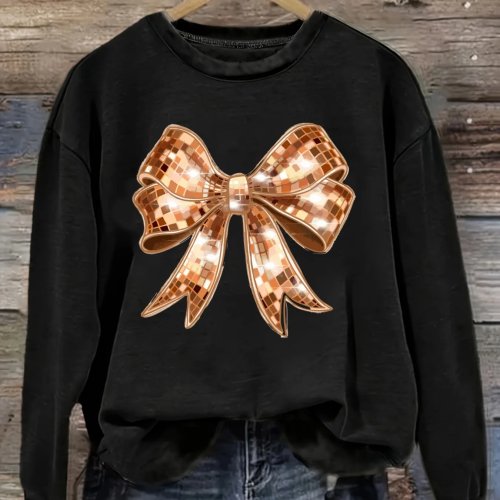Camiseta de Mujer Manga Larga Cuello Redondo, Estampado de Lazo Rosa Oro Brillante, Corte Holgado, Lavable a Máquina, Primavera Otoño Invierno, Disfraz de Halloween