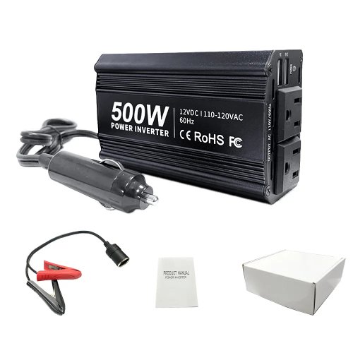 Bộ chuyển đổi điện xe hơi 12V sang 110V, 2 ổ cắm chuẩn Mỹ, 500W biến tần sóng sin mô phỏng