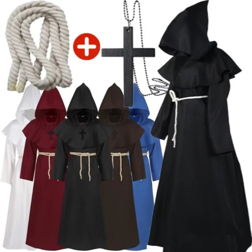 Cappa con cappuccio da monaco medievale, costume da stregone e sacerdote | Tunica di Halloween, mago, cavaliere, mantello per adulti e ragazzi | Set costume per festa