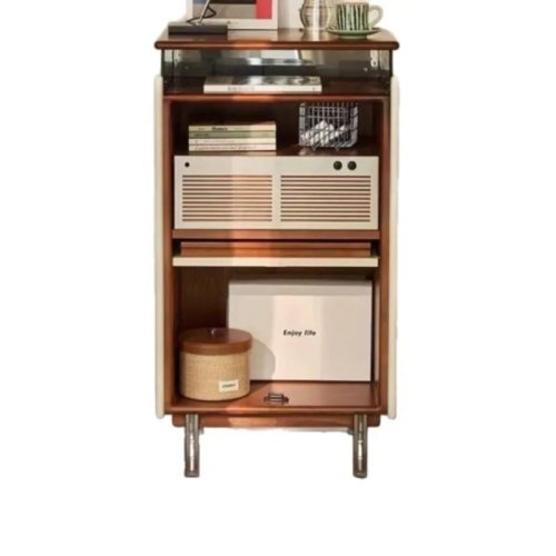 Retro American Bauhaus Solid Wood Storage Cabinet with Glass Doors, Living Room Display Cabinet, French Style Locking Cabinet
