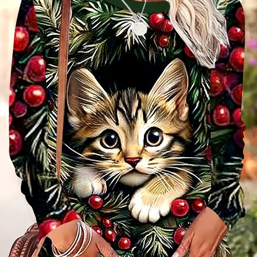 Camiseta de manga larga para mujer con estampado de gatito atigrado, bayas rojas y hojas de pino, top navideño de invierno para ocio y deporte