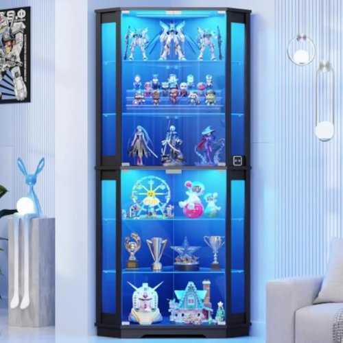 71インチ コーナー展示キャビネット マグネット式ガラス扉 6段調整可能な透明棚 3色調光LEDライト付き