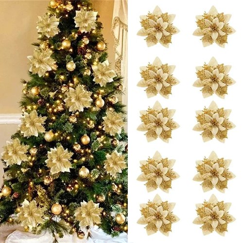 5/10 unid. Ornamentos de Flores de Natal 14,5 cm, Rosa, Vermelho, Dourado, Purpurina, Flores Artificiais para Árvore de Natal, Decoração de Natal para Casa