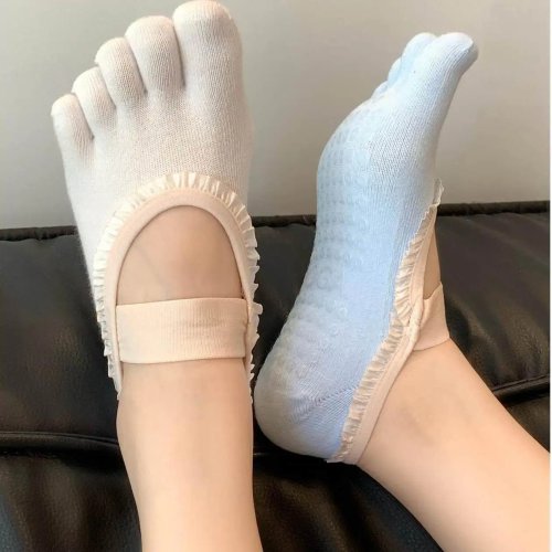 Women's Professional Cute Lace Yoga Socks, Silicone Anti-Slip Five-Toe Backless Breathable Sport Socks for Pilates