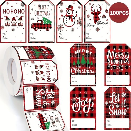 48 Buah Stiker Hadiah Natal Buffalo Plaid, Tag Tempel dengan Kolom Untuk/Dari yang Bisa Ditulis, Boneka Salju Rusa Kutub Pohon Natal untuk Kemasan Hadiah