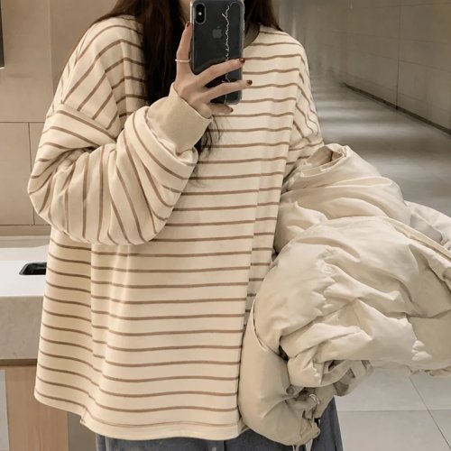T-shirt a Maniche Lunghe Donna Stile Coreano a Righe Oversize Girocollo Ampia Casual Basic Autunno Inverno