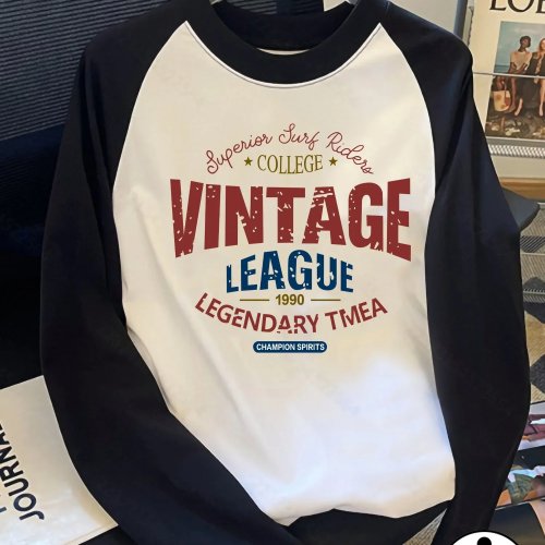 Áo thun nữ tay dài raglan in chữ đỏ phong cách retro, thường ngày