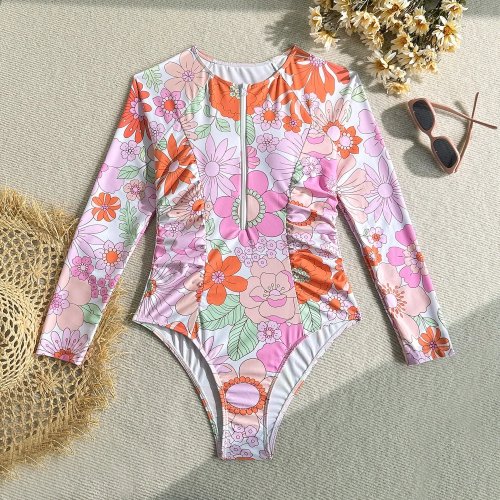 Tankini para Mujer Estampado Floral Cierre Frontal Cuello Alto Rosa Naranja Y2K Traje de Baño