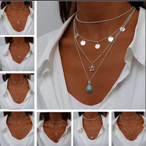 Vintage Wielowarstwowy Naszyjnik z Wisiorkami Księżyc Moneta Dłoń Hamsa Słoń Serce dla Kobiet Boho
