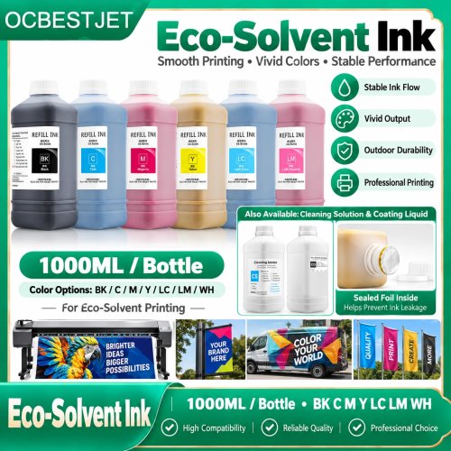 Tinta Eco-Solvent 1000ml untuk Printhead Epson/Roland/Mimaki/Mutoh DX4 DX5 DX6 DX7 DX10 TX800 XP600 5113 4720 I3200