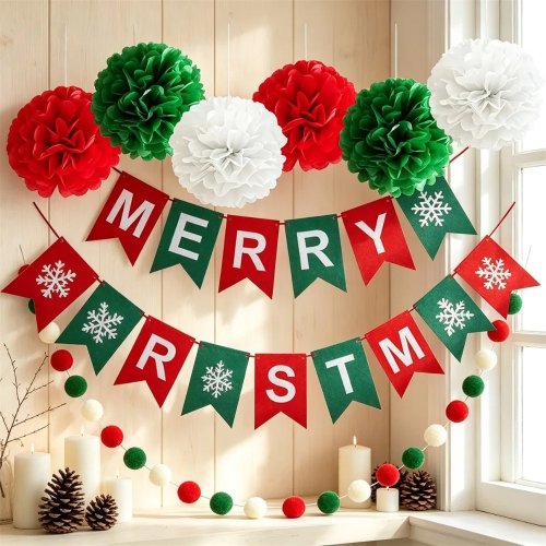 Banderín navideño rojo de fieltro con copos de nieve – Decoración para sala y fiesta