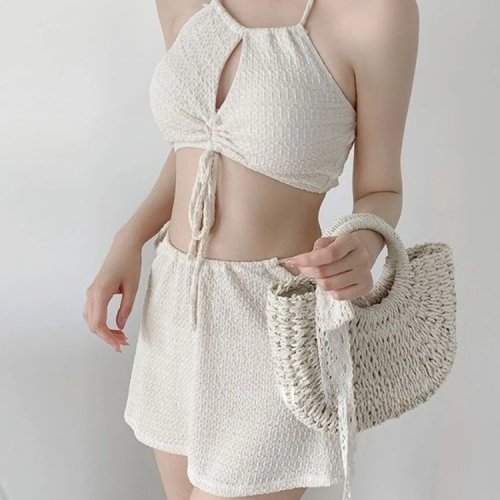Women's 3-Piece Skirted Bikini Set 2026 Halter Tie-Side Swimsuit for Beach & Hot Spring