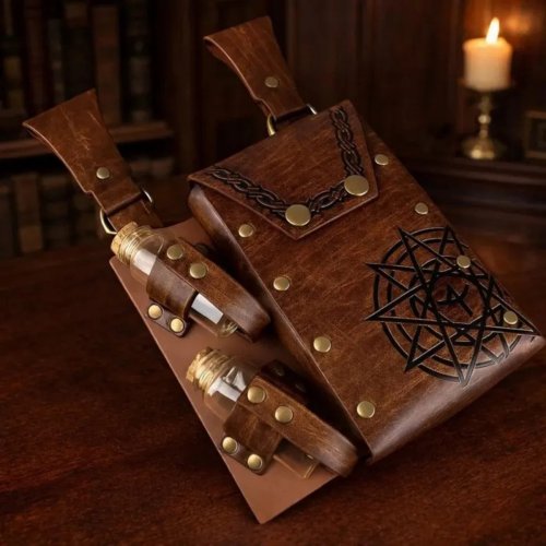 Średniowieczna Nerka ze Skóry PU z 2 Butelkami Magicznego Eliksiru - Fantasy Czarodziej Halloween