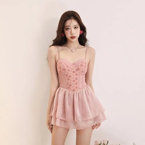 2026 Women's One-Piece Swimsuit Sexy Spaghetti Strap Push-Up Swimwear Modest Skirted Bathing Suit for Hot Spring & Pool