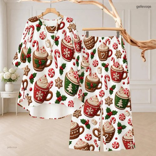 Setelan 2 Potong Wanita Motif Natal Cokelat Panas Permen Tongkat Kue Jahe Lengan 3/4 Leher Bulat Atasan dan Celana Panjang