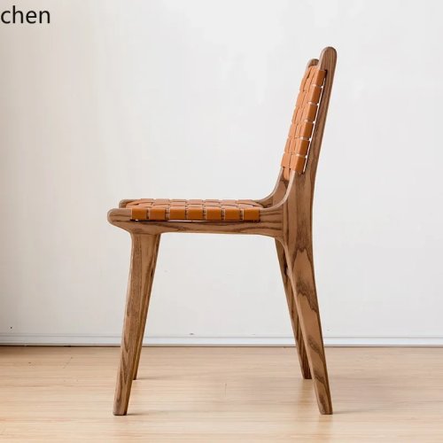TQH7.2 Esszimmerstuhl aus Sattelleder, Massivholz, Vintage-Look, geflochtene Rückenlehne, Freizeitstuhl