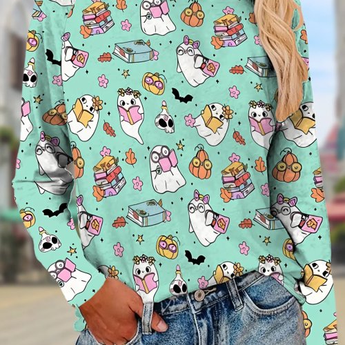 レディース長袖Tシャツ クルーネック かわいい読書ゴースト＆パンプキン ハロウィンプリント カジュアル秋トップス