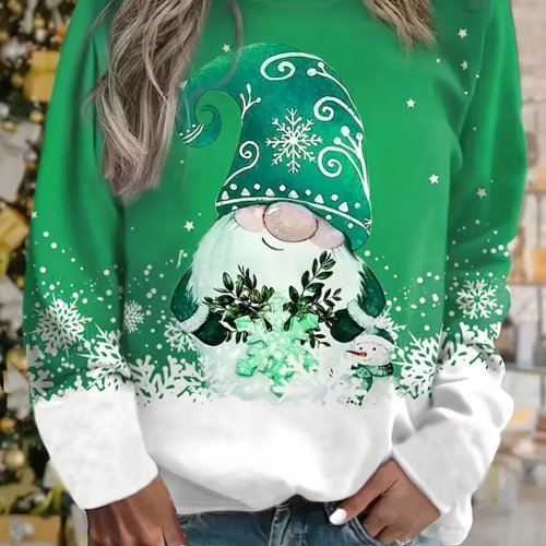 Camiseta para Mujer Manga Larga Cuello Redondo Estampado Navideño Gnomo Copo de Nieve Degradado Festivo Navideño Casual