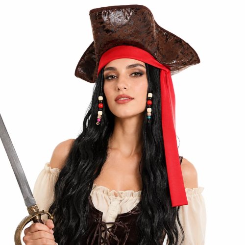 Set de accesorios para disfraz de pirata de Halloween: peluca rizada negra larga y sombrero pirata para carnaval y fiesta