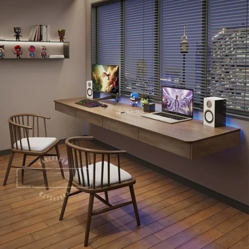 Secretária flutuante em madeira maciça estilo nórdico, mesa de computador de parede para escritório, quarto e sala