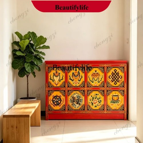 Nicho budista tibetano pintado com oito tesouros - Armário lateral de armazenamento retro, estilo chinês