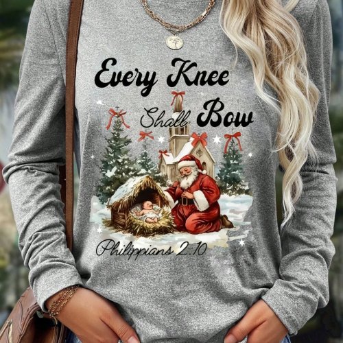 Damen Langarmshirt mit Rundhalsausschnitt, Weihnachtsmotiv Krippe & Schriftzug, Festliches Freizeitoberteil