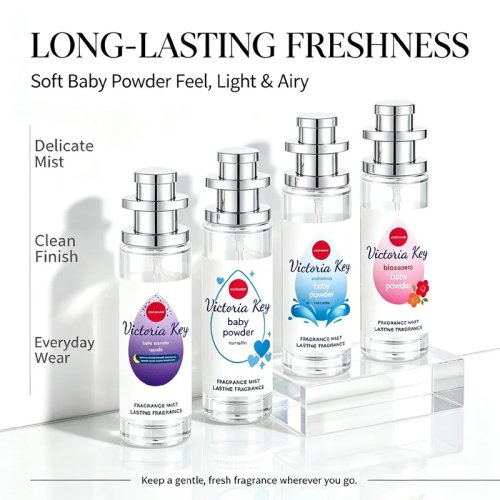 Victoria Key Fabric & Air Fragrance Spray – 4 Baby Powder Scents, Long-Lasting Odor Eliminator for Closet & Bed