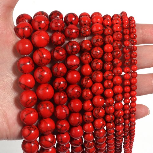 1 hebra de cuentas de piedra turquesa roja de 4/6/8/10/12 mm, cuentas redondas sueltas espaciadoras para hacer bisutería DIY, collar y pulsera