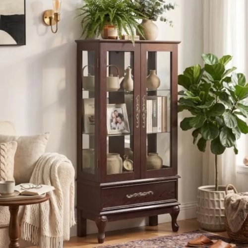 Vetrina in stile antico da 52 pollici con illuminazione, vetro temperato e ripiani regolabili – Mobile d'accento per soggiorno/cucina