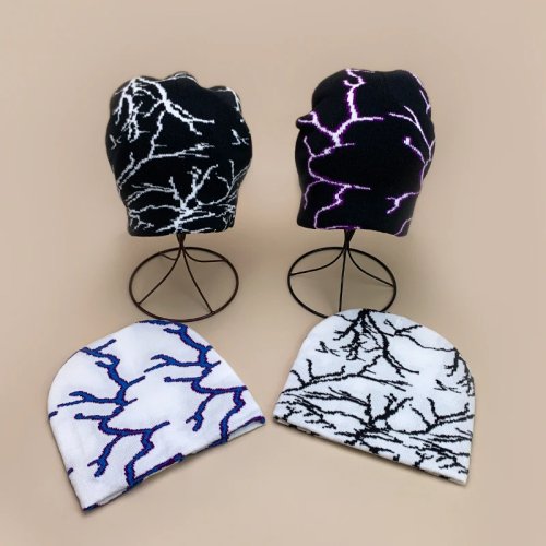 Bonnet en tricot motif éclair style européen – Bonnet unisexe chaud hip-hop street pour l'automne et l'hiver