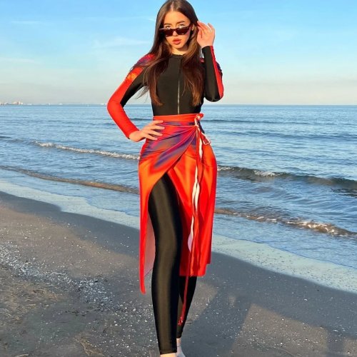 Fato de Banho Tankini Rash Guard para Mulher - Manga Comprida, Cintura Alta com Fecho, Laranja Vivo