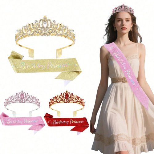 2-teiliges Prinzessinnen-Geburtstags-Kronen- und Schärpen-Set, Glitzer-Design, Partykostüm-Geschenk für Mädchen & Frauen