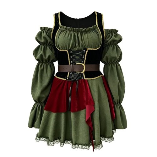 Costume Cosplay Halloween Pirate Rétro Robe à Manches Longues avec Ceinture Fête Médiévale Jeu de Rôle Femme Adulte