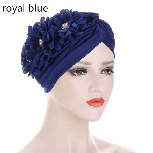 Muslimische Haaraccessoires, elastisches Perlen-Kopftuch, Damen-Turban mit Blumen und Rüschen, Bonnet
