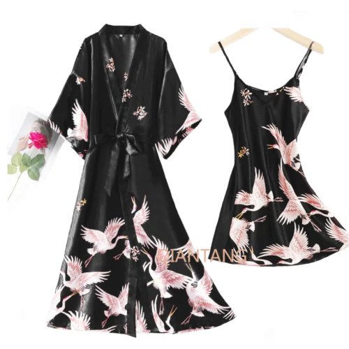Conjunto de Pijama de Cetim para Mulher 2 Peças Sexy Decote V Roupão Homewear