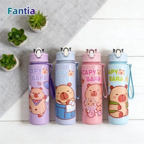 750ml 카피바라 귀여운 물병 대용량 스포츠 물병 빨대 & 핸들 포함 카와이 물컵 야외 활동용