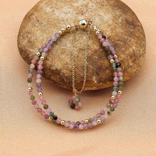 3 mm toermalijn armband – Boho armband met dubbele laag kleurrijke kristallen kralen voor dames, handgemaakt sieraad