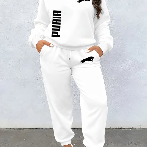 Women's Autumn Winter 2-Piece Tracksuit Set Decorative Letter Print Long Sleeve Sweatshirt & Sweatpants Casual Sport Set