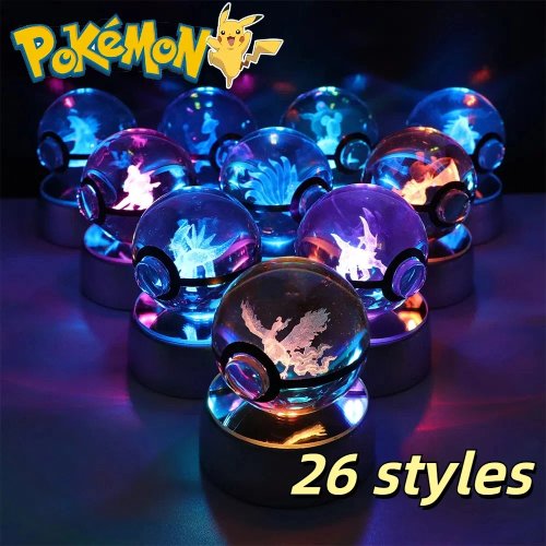 Pokemon Kristallen Bol LED Nachtlamp - Pikachu Gengar Eevee Mewtwo Lucario Pokeball met Voet, Kinderverjaardag Cadeau, Woondecoratie